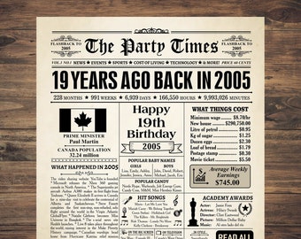 2005 CANADA, 19th birthday decor, 19th birthday newspaper sign Canadian, 2005 birthday poster INSTANT DOWNLOAD, 19 years ago, back in 2005