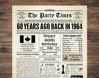 1964 CANADA, cadeau du 60e anniversaire, journal du 60e anniversaire canadien, affiche d'anniversaire de 1964, il y a 60 ans, retour en 1964, décoration du 60e anniversaire