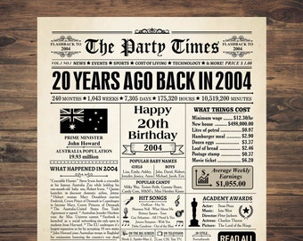 2004 AUSTRALIA, 20th birthday newspaper print Australian, 2004 birthday poster INSTANT DOWNLOAD, 20 years ago, back in 2004 print Aussie