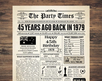 1979 AUSTRALIA, 45th birthday newspaper print Australian, 1979 birthday poster INSTANT DOWNLOAD, 45 years ago,back in 1979 print Aussie