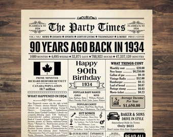 1934 CANADA, 90th birthday newspaper sign Canadian, 1934 birthday poster INSTANT DOWNLOAD, 90 years ago, back in 1934, 90th birthday decor