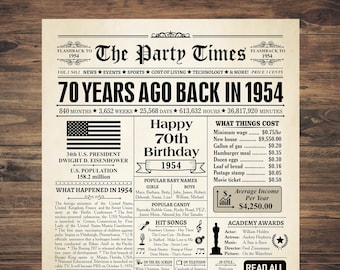 1954 USA, 70th Birthday Gift, 70th birthday decor, 1954 poster, 70th birthday newspaper, 1954 birthday poster, 70 years ago, back in 1954