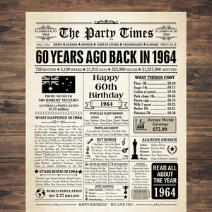 1964 AUSTRALIA, 60th birthday newspaper print Australian, 1964 birthday poster INSTANT DOWNLOAD, 60 years ago, back in 1964 print Aussie image 1