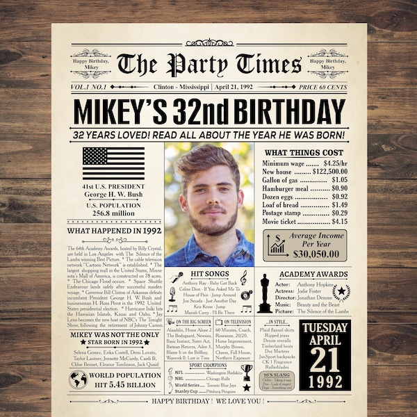 32nd Birthday Newspaper Poster Sign, Back in 1992, 32nd Birthday gift for him or her, 32nd birthday party sign, Custom Birthday Card