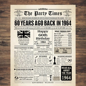 1964 UK, 60th Birthday Gift, 1964 newspaper, British 1964, UK 1964 Newspaper Poster, Back in 1964 BRITISH facts, Born in 1964 United Kingdom image 1