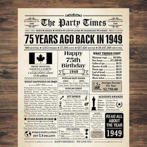 1949 CANADA, 75th birthday gift, 75th birthday newspaper Canadian, 1949 birthday poster,  75 years ago, back in 1949, 75th birthday decor