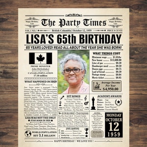 65th birthday gift for men or women, Back in 1959, 1959 Newspaper CANADA, 65th birthday decorations, born in 1959, 65 years old 1959 CANADA