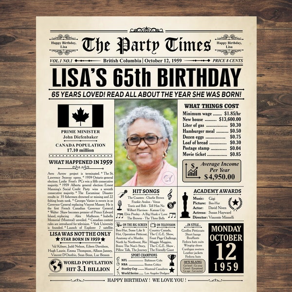 Cadeau pour 65e anniversaire pour homme ou femme, retour en 1959, 1959 Journal CANADA, décorations pour 65e anniversaire, né en 1959, 65 ans 1959 CANADA