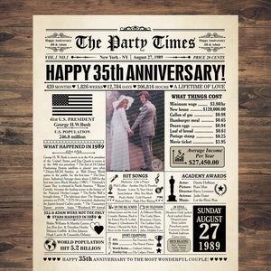 Cadeau 35e anniversaire de mariage, cadeau 35e anniversaire de mariage pour couple, affiche de journal en 1989, faits saillants de 1989, impression 35e mariage