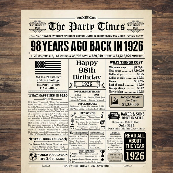 98th birthday gift, 1926 newspaper poster, 98th birthday sign, 98th birthday decor, 1926 birthday poster, Back in 1926 print, born in 1926