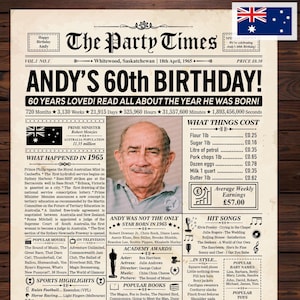60th Birthday Gift, 60th Birthday Newspaper, 60th Birthday Poster, 1965 Newspaper, Back in 1965 Australia, 60th Birthday Decor, 60 Years Ago