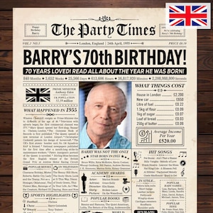 Cadeau 70e verjaardag, 70e verjaardagsdecoratie VK, terug in VK 1955, 70e verjaardagscadeau voor mannen of vrouwen, krant 70e verjaardag, geboren in 1955