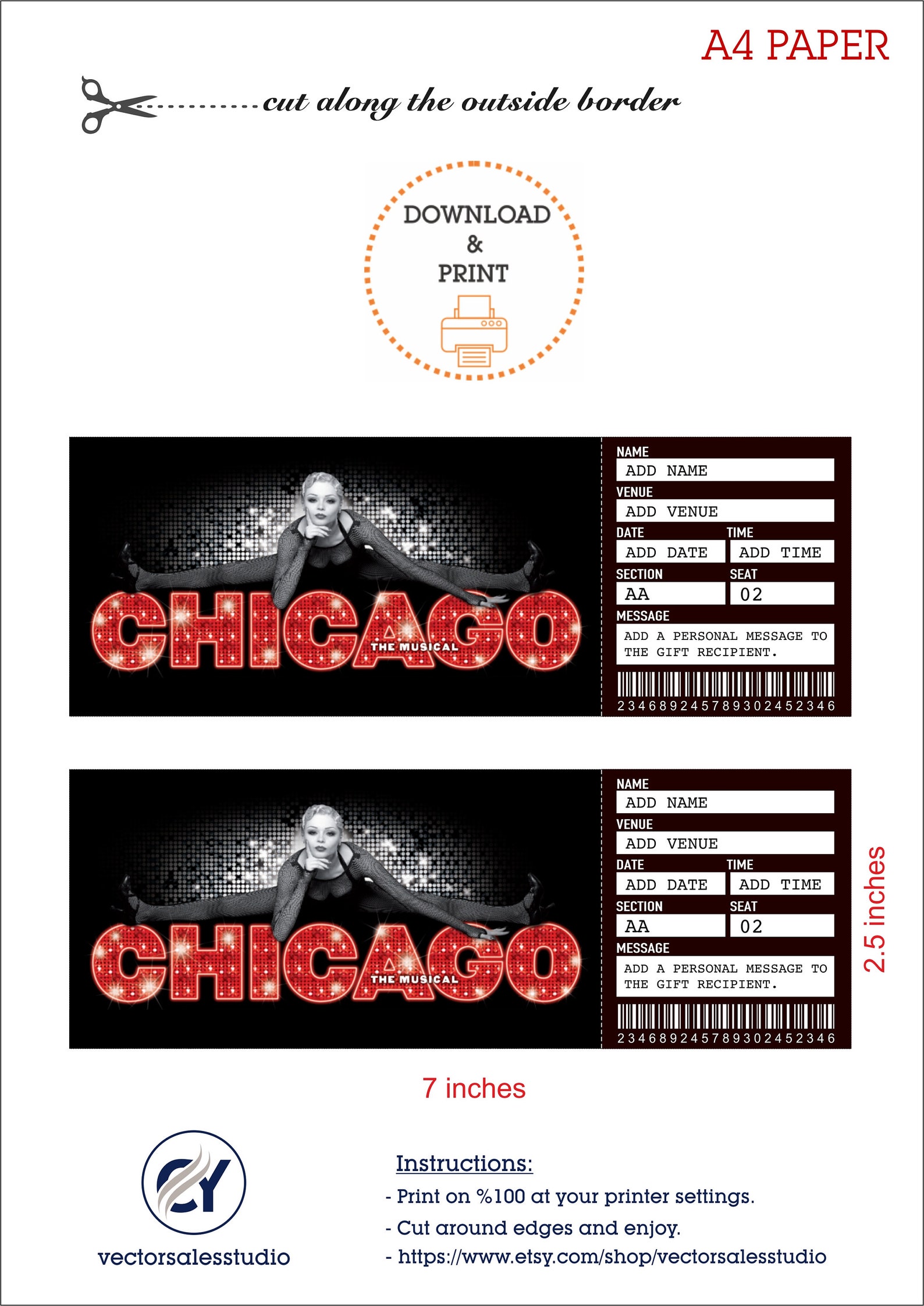 Printable CHICAGO Broadway Surprise Ticket Editable Musical Etsy