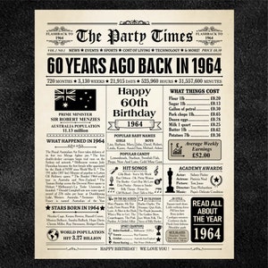 1964 AUSTRALIA, 60th birthday newspaper print Australian, 1964 birthday poster INSTANT DOWNLOAD, 60 years ago, back in 1964 print Aussie image 2