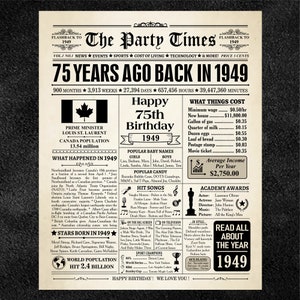 1949 CANADA, 75th birthday gift, 75th birthday newspaper Canadian, 1949 birthday poster, 75 years ago, back in 1949, 75th birthday decor image 2