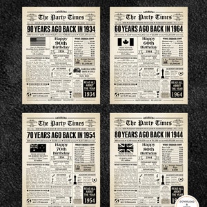 1934 CANADA, 90th birthday newspaper sign Canadian, 1934 birthday poster INSTANT DOWNLOAD, 90 years ago, back in 1934, 90th birthday decor image 7