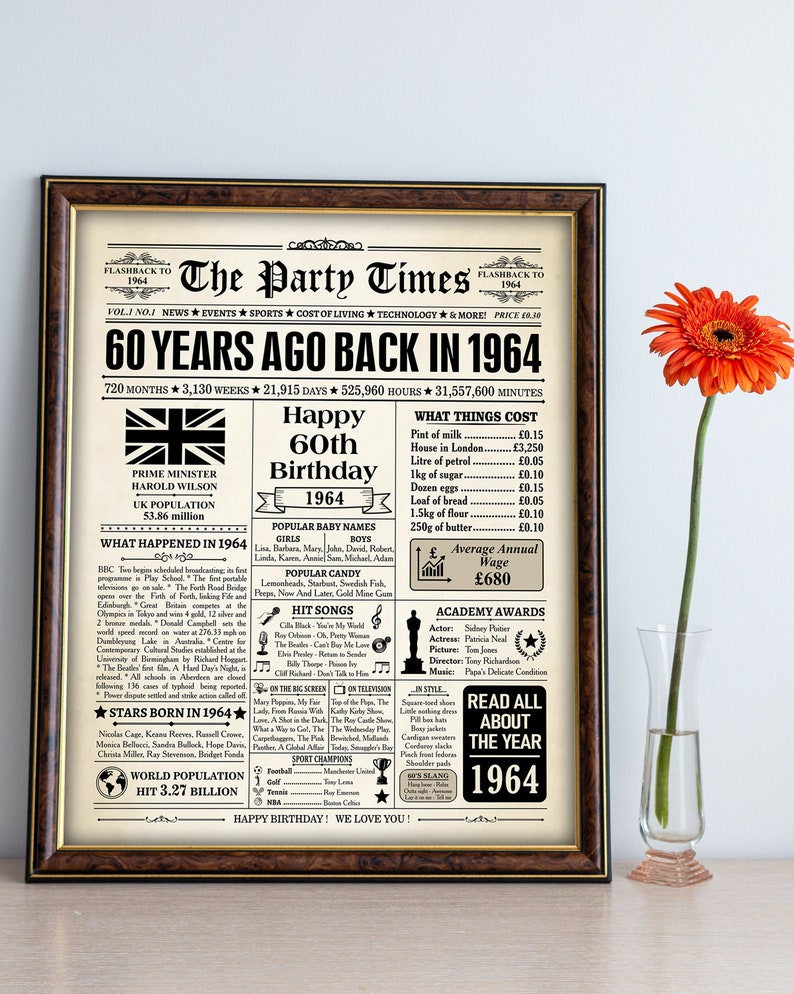 1964 UK, 60th Birthday Gift, 1964 newspaper, British 1964, UK 1964 Newspaper Poster, Back in 1964 BRITISH facts, Born in 1964 United Kingdom image 6