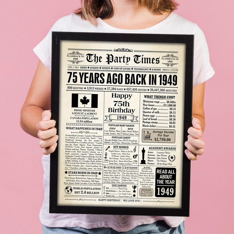 1949 CANADA, 75th birthday gift, 75th birthday newspaper Canadian, 1949 birthday poster, 75 years ago, back in 1949, 75th birthday decor image 3