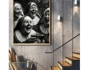 Black and White Photo Image of Laughing Nuns Drinking Wine Wall Art | Funny Nuns Printable Wall Art | Funny Wall Art Nuns |Nuns Drinking Fun