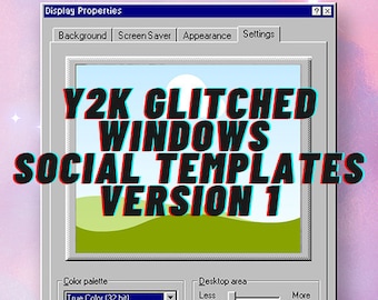 May include: A vintage-style computer screen displaying a blue sky with white clouds and green grass. The text "Y2K GLITCHED WINDOWS SOCIAL TEMPLATES VERSION 1" is displayed in a glitched font with red and blue colours.