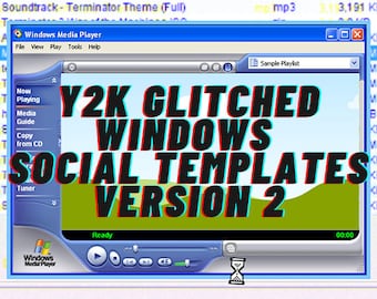 May include: A blue and white Windows Media Player window with the text "Y2K GLITCHED WINDOWS SOCIAL TEMPLATES VERSION 2" in red, white, and blue text. The window is displaying a green and blue landscape.
