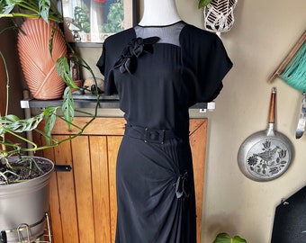 Vintage 40s 50s Black Sheer Panel Evening Dress / Retro 1940s Draped Dolman Sleeve Cocktail Dress / Vintage Party Dress / Medium