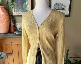 Vintage 90s Yellow Pointelle Knit Half Buttoned Cardigan / Retro 1990s Y2K Cute Grunge Lightweight Sweater / SMW Style My Way / Small