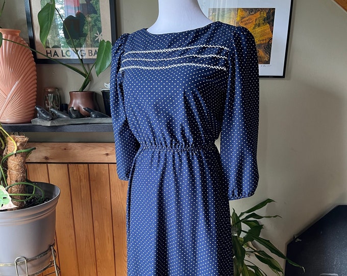 Vintage 70s Navy Blue White Polka Dot Midi Dress / Retro 1970s ...