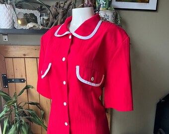 Vintage 80s Red & White Trim Mod-style Shirt / Retro Vibrant Cherry Red Button-Up Peter Pan Collar Shirt / Brand: Jane Lane / Extra Large