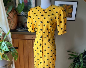 Vintage 80s Mustard Yellow Black Polka Dot Dress / Retro 1980s Button-Up Front New Wave Midi Dress / Gaudy Kitschy Style / Chablis / Medium