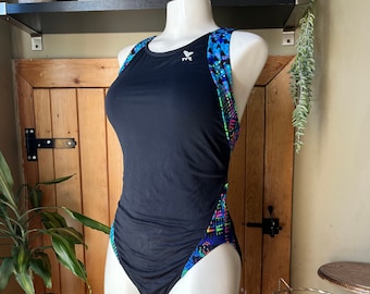 Vintage 80s/90s One-Piece Sporty Swimsuit / Retro Black Racerback Bathing Suit with Neon Triangle Graphic - TYR (Made in Canada)