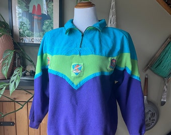 Vintage 80s Vibrant Neon Quarter Zip Sweatshirt / Retro 1980s Colourful Snowboarder Streetwear Rave Style Sweater / Beewear / Women’s Small