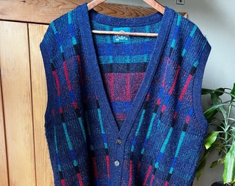 Vintage 80s Navy Blue Colour Block Striped Sweater Vest / Retro 1980s Geometric Knit Deep V Coogi Style Vest / Jantzen