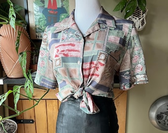 Vintage 80s Floral Patchwork Patterned Blouse / Retro 1980s Dusty Hue Flower Print Abstract Button-Up Top / Silky Shoulder Pad Blouse