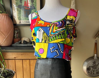 Vintage 80s 90s Super Vibrant Pop Art Viscose Tank Top / Retro 1990s Rainbow Patchwork Cartoon Designed Top / Betty Barclay / Large