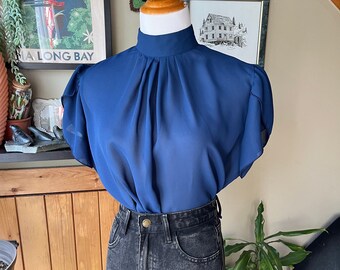 Vintage 70s Dark Blue Sheer Chiffon Mockneck Blouse / Retro 1970s Midnight Blue Sheer Crepe Back Buttoned Tulip Sleeve Top / Medium-Large