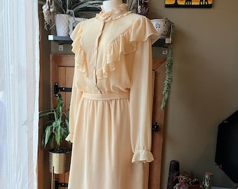 Vintage 70s Pale Yellow Semi-Sheer Prairie Dress / Retro 1980s Western Style Pastel Yellow Midi Dress / Romantic Cottagecore / Medium-Large