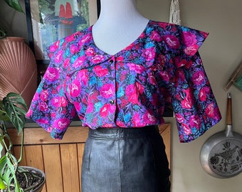 Vintage 80s Pink & Purple Floral Bertha Collar Blouse / Retro 1980s Oversized Collar Granny Shirt / Cottagecore / Express Plus / XXL or 2X