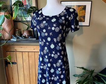 90's Vintage Navy Blue Slinky Floral Print Short Sleeve Bodycon Mini Dress  LARGE Spice Clothing - Etsy
