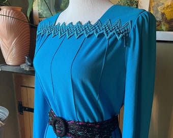 Vintage 70s 80s Cerulean Blue Light Textured Midi Dress / Retro 1980s Puff Shoulder Zig Zag Trim Azure Mid-Calf Dress / Large-Extra Large