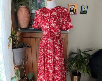 Vintage 80s Red White Floral Belted Midi Dress / Retro 1980s Button Up Shirtwaist Fit & Flare Cottagecore Dress / Ports International