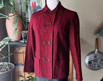 Vintage 50s 60s Red & Black Plaid Double Breasted Jacket / Retro 1960s Mod Check Botany Wool Coat / Koret of California / ILGWU / Medium