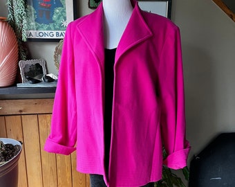 Vintage 80s Hot Pink Open Front Wool Coat / Retro 1980s Bright Fuchsia Open Oversized Peacoat Jacket / Louben / Size 16W / Extra Large