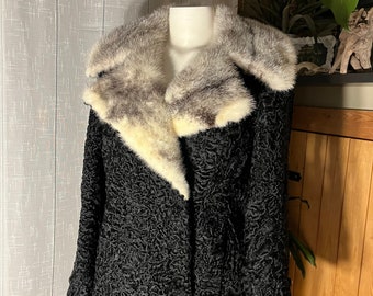 Vintage 60s Black Persian Lamb Coat with Silver Fur Collar / Retro 1960s Astrakan Mid-Length Jacket with Paisley Satin Lining