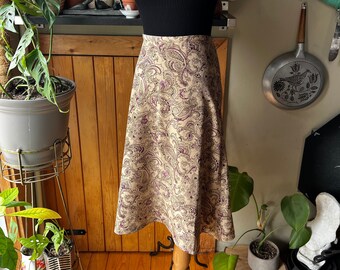 Vintage 90s 00s Beige Purple Paisley Midi Skirt / Retro 1990s A-Line Summer Skirt / Penmans / 30 Waist / Large