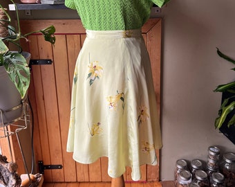 Vintage 90s Light Chartreuse Silky Floral Mini Skirt / Retro 1990s Yellow-Green Lily Patterned Skater Skirt / Duttyoff - Tokyo / 27 waist