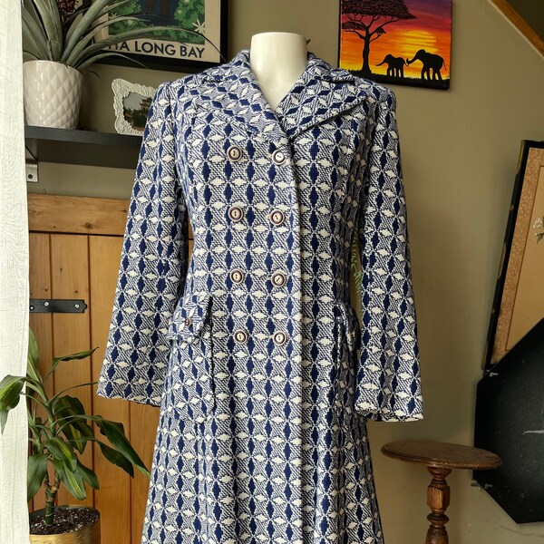 vintage 60s Midcentury Blue & White Lined Dress Jacket / Retro MCM Buttoned Coat Pattern Geometric