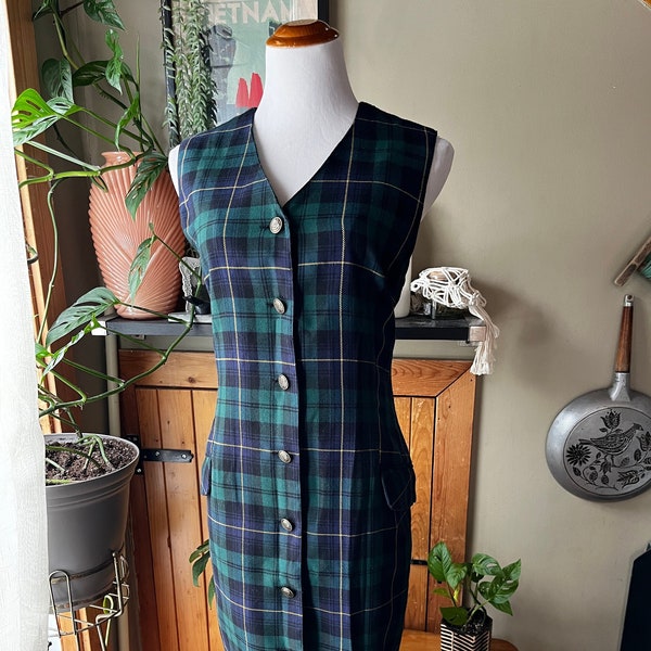 Vintage 90s Preppy Green Navy Plaid Button Front Dress / Retro 1990s Tartan Academic Style Knee-Length Jumper / Tabi International / Size 12