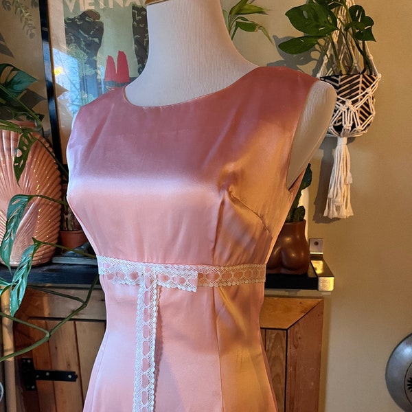 Vintage 60s Bubblegum Pink Satin Gown / Retro 1960s Baby Pink Lace Ribbon Empire Waist Full Length Prom Dress / 60s Pink Bridesmaid Dress