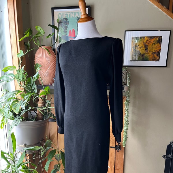 Vintage 80s Elegant Pure Wool Black Shift Dress / Retro 1980s Long Sleeve Short Dress with Faux Pearl Buttons / Rouie / Size 4